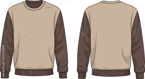 Stylish beige and brown long-sleeve crewneck sweatshirt front and back view, casual unisex apparel fashion template for design and branding