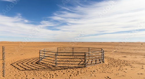 Desert landscape with metal corral under a blue sky