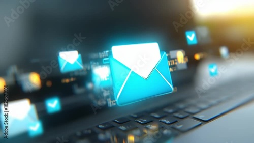 Digital Communication: An eye-level shot captures a laptop keyboard surrounded by stylized digital envelope icons, radiating connectivity and symbolizing the modern flow of information.