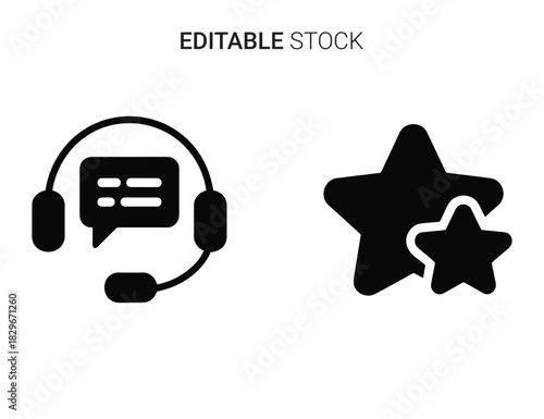 Beautiful silhouette vector of customer support headset and rating star icon set isolated on
