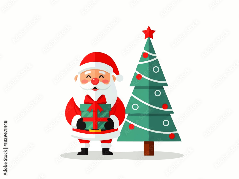 Fototapeta premium Cartoon Santa Claus holding a wrapped gift stands next to a decorated Christmas tree with a red star on top.