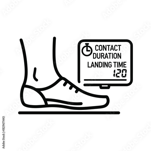 Running shoe with digital monitor displaying contact duration and landing time data for athletic performance analysis.