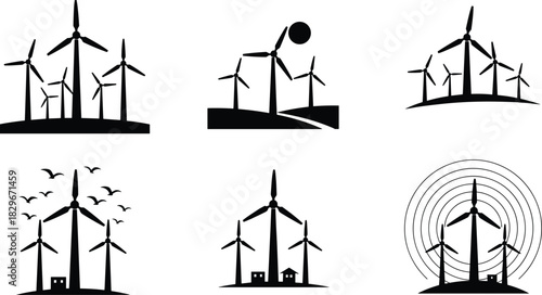 Wind turbine silhouette collection showing renewable energy scenes, eco friendly power generation vector set, sustainable wind farm illustration icons for clean energy design