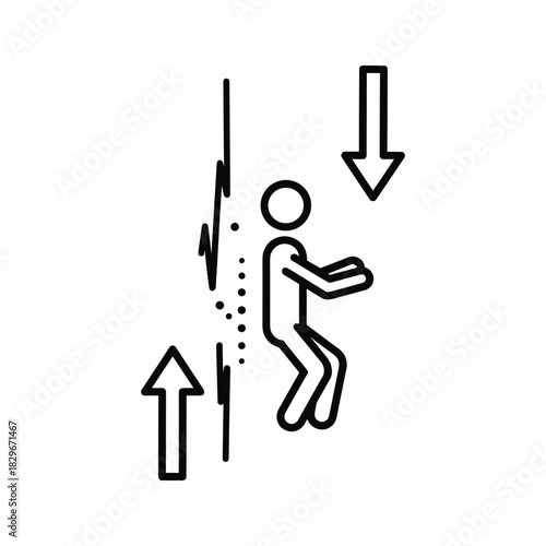 Earthquake tremor icon with person, up down arrows, and seismic activity symbolizing danger and instability.