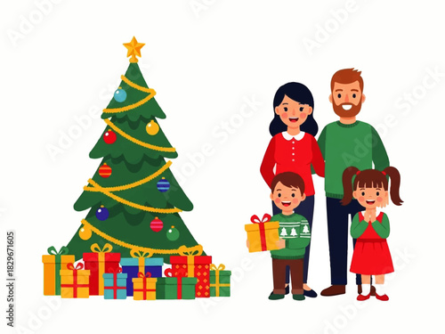 Happy family of four stands together next to a decorated Christmas tree with presents underneath, celebrating the holiday season.