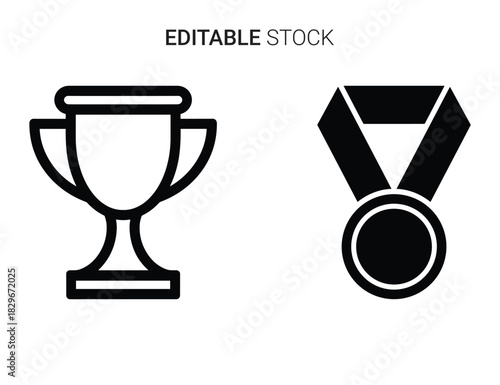 Beautiful silhouette vector of black and white icon set of a trophy cup and a medal isolated on