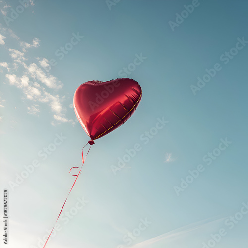 A single red heart shaped balloon floating against a clear blue sky with wispy white clouds
