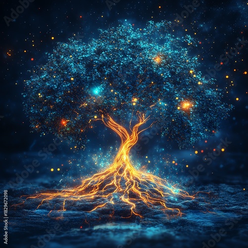Stunning digital tree of life with glowing roots connects earth's continents through vibrant energy pathways, symbolizing global network growth and interconnectedness