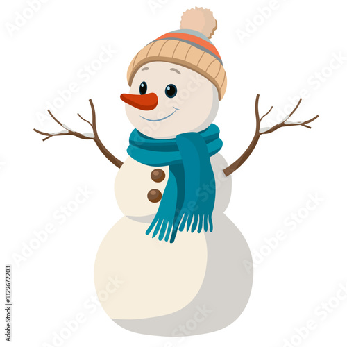 A snowman in a scarf and hat with no background