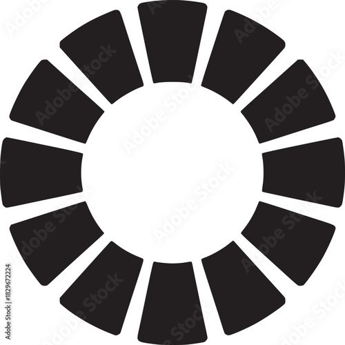 A black and white graphic design of a circular shape with wedge like shapes around the perimeter edge