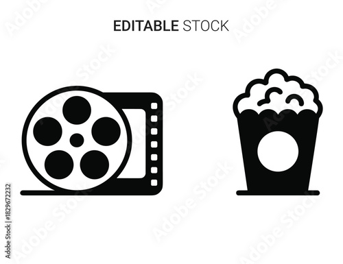 Beautiful silhouette vector of black and white icon set of movie film reel and popcorn bucket isolated on