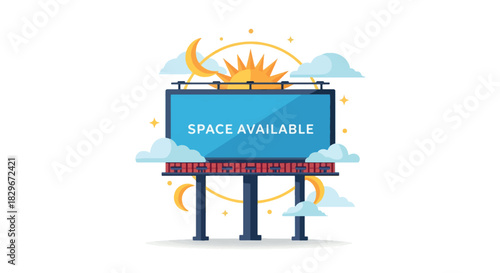 A large billboard with space available stands tall against a vibrant sky with clouds and sun