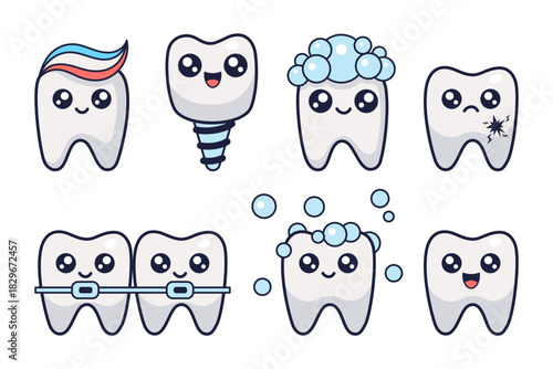 Different teeth kawaii characters set. Stomatology concept illustration. Oral hygiene collection. Dental cleaning cosmetic. Vector