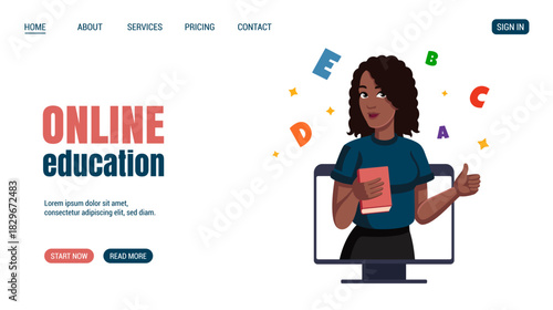 African woman with book Shows thumbs up from computer monitor Surrounded with letters. Online Education, knowledge, student concept Website, web page design. Vector illustration.