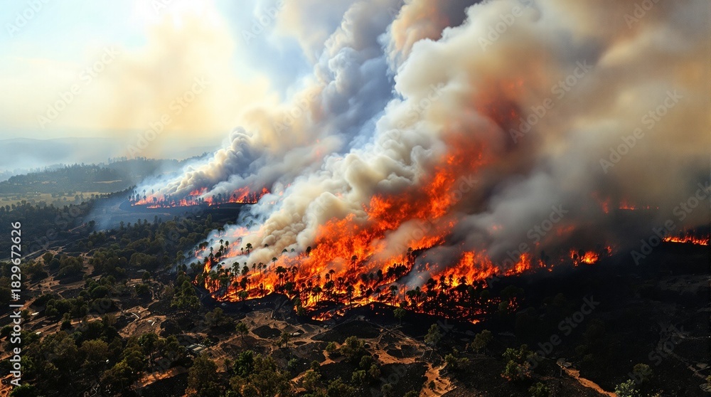 Fototapeta premium A massive fire burns in the forest, with bright flames and dark smoke contrasting against the greenery