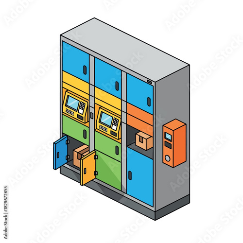 Colorful industrial cabinet with multiple compartments and drawers in a technical illustration