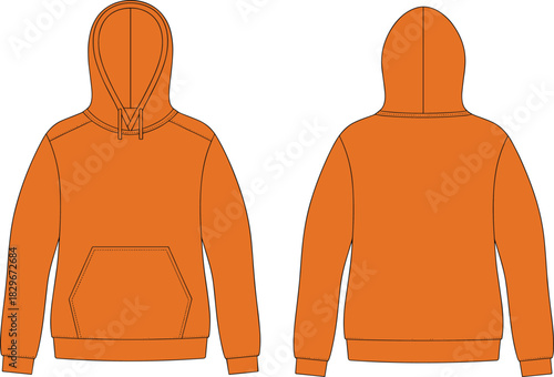 Orange hoodie front and back view clothing template with kangaroo pocket and drawstring design for apparel mockup, cad drawing flat vector illustration