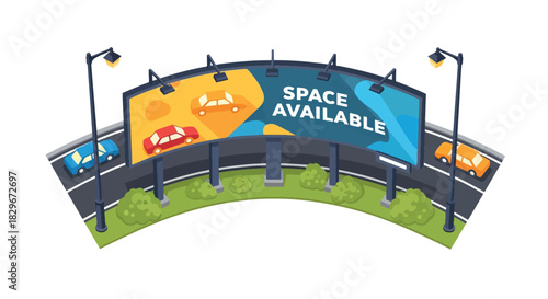 Isometric illustration of a curved highway with cars and a prominent billboard displaying 'Space Available' for advertising space.