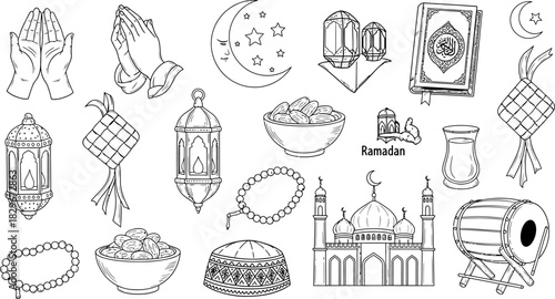 Hand drawn ramadan and eid celebration elements in black and white