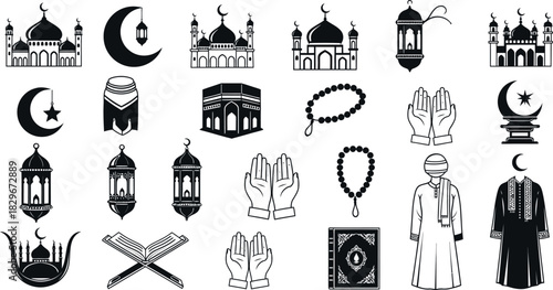 Collection of islamic symbols and icons in black and white vector format