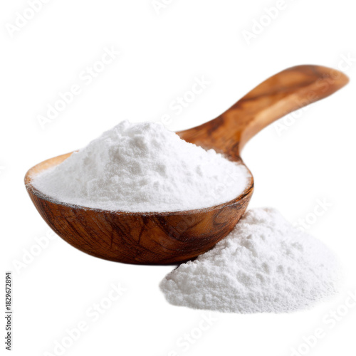 A spoonful of white powder is sitting on a white surface