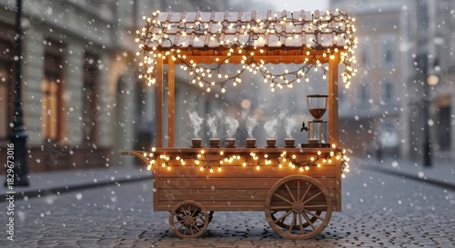 Winter street market stall with warm drinks and sparkling lights during snowfall