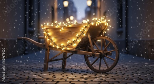 Wooden wheelbarrow adorned with glowing festive string lights on snowy street