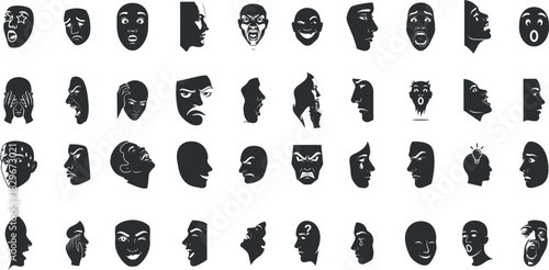 Collection of tribal masks silhouettes in various shapes and designs on white