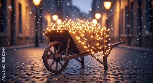 Wooden wheelbarrow with warm fairy lights on snowy cobblestone street night
