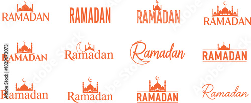 Collection of ramadan kareem typography designs with mosque silhouette for islamic celebration