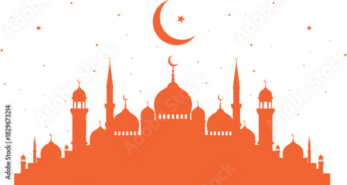 Orange mosque silhouette with crescent moon and stars for islamic celebrations