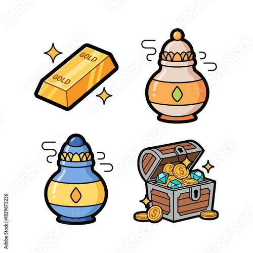 A collection of fantasy game assets featuring a gold bar, two magical potion bottles, and an open treasure chest filled with coins and gems.