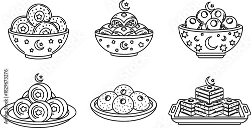 Hand drawn sketch of traditional middle eastern sweets for ramadan