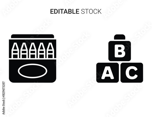 Beautiful silhouette vector of set of black and white icons representing crayon box and abc block toy