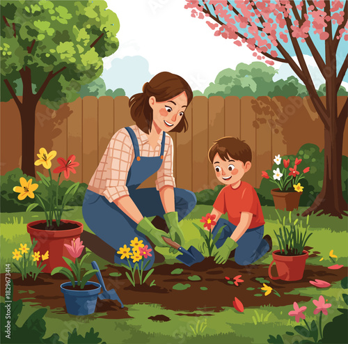 A Mother and Son Enjoying a Sunny Day Gardening Together