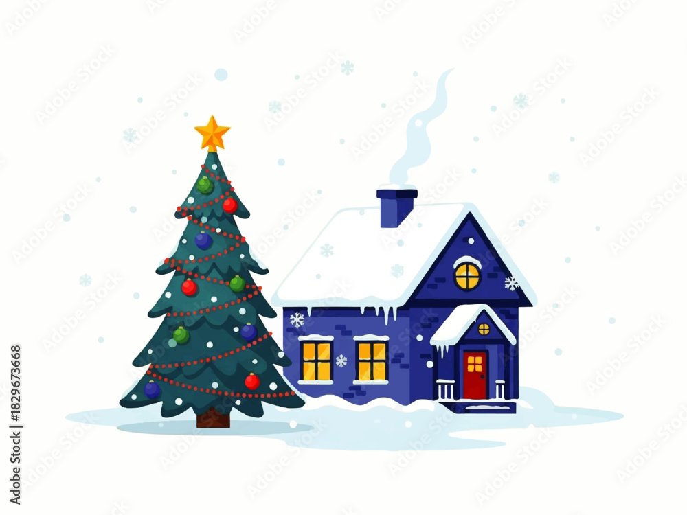 Naklejka premium Cozy blue house covered in snow with a decorated Christmas tree and a yellow star on top, smoke rising from the chimney.