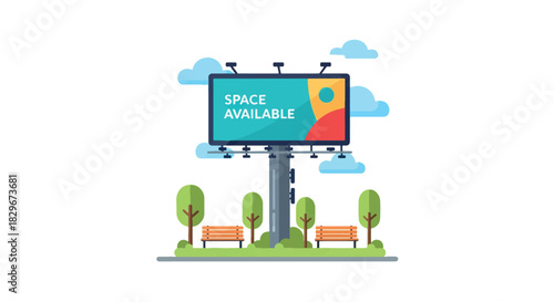 A flat illustration of a large outdoor billboard displaying "SPACE AVAILABLE" in a park setting with trees and benches under a cloudy sky.