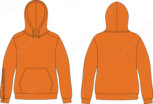 Orange hoodie front and back view clothing template with kangaroo pocket and drawstring design for apparel mockup, cad drawing flat vector illustration
