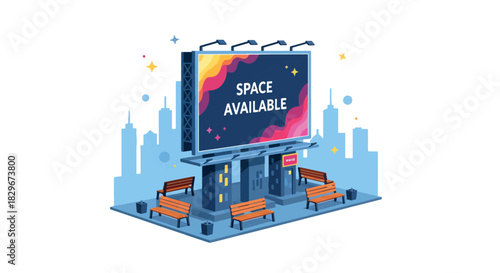 A large billboard displaying 'SPACE AVAILABLE' in a city setting with a skyline and benches, rendered in a modern flat vector illustration style.