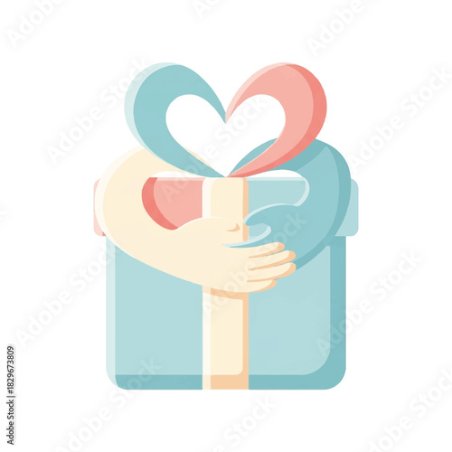 Generous gift of love with heart shape ribbon and hugging arms
