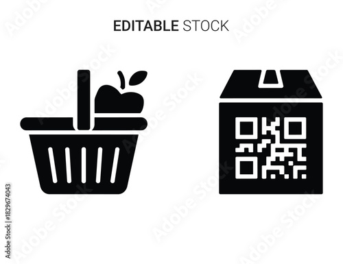 Beautiful silhouette vector of grocery shopping basket with apple and package with qr code icon