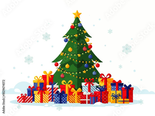 A decorated Christmas tree with a yellow star topper, surrounded by colorful wrapped presents on a snowy background.