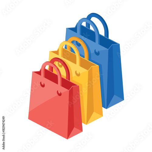 Three colorful shopping bags in red, yellow, and blue, arranged in an isometric view, representing retail and consumerism.