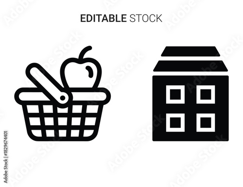 Beautiful silhouette vector of set of grocery shopping basket with apple and building icon