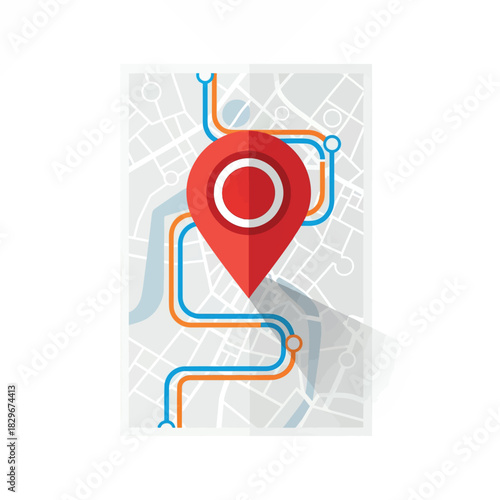 A flat design illustration of a city map with a prominent red location pin and various colored routes indicating navigation or travel paths.