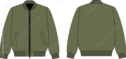 Olive green unisex bomber jacket front and back vector illustration with zipper closure and pockets, clean blank apparel outerwear mockup template