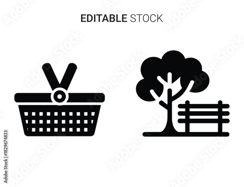 Beautiful silhouette vector of picnic basket and tree with bench icons for park or outdoor activity