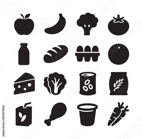 Collection of Sixteen Black Silhouette Icons of Food and Drink Items grocery shopping