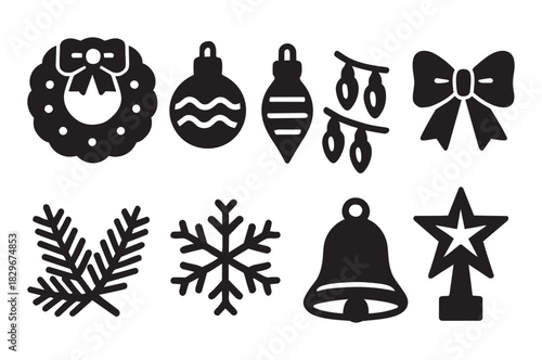 Assortment of Eight Black Silhouette Christmas Holiday Icons decoration ornament