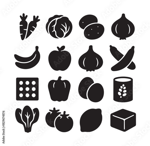 Sixteen Black Silhouette Icons of Fruits Vegetables and Other Food Items grocery